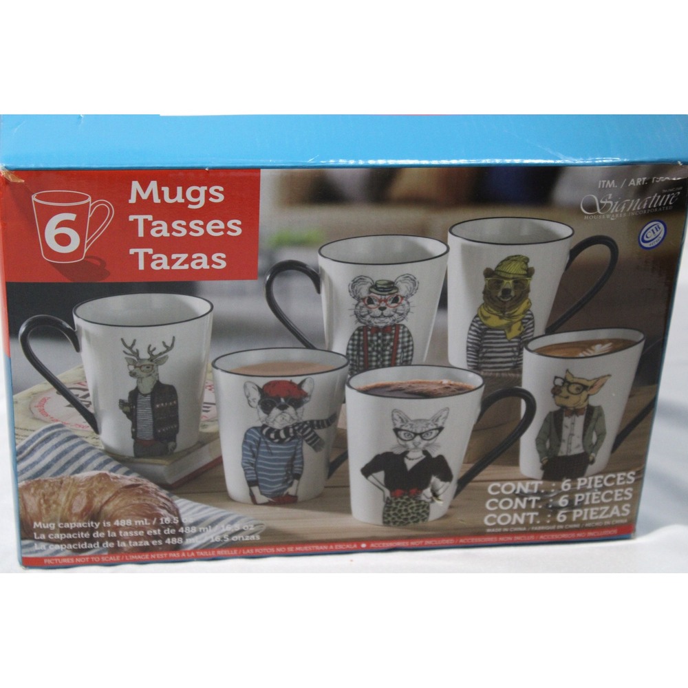 Signature Housewares Hipster Animal Mug Set 6 Piece 16.5oz Stoneware Coffee Cups